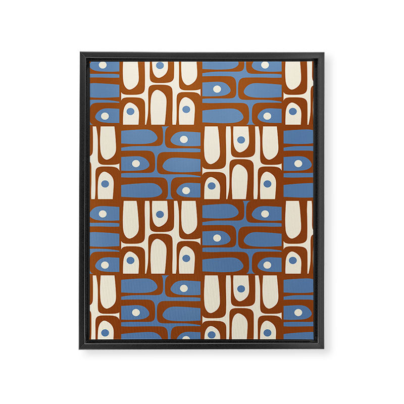 Mid Century Modern Piquet Abstract Multi Retro Brown and Blue Pattern Framed Canvas Print Gallery Image 8