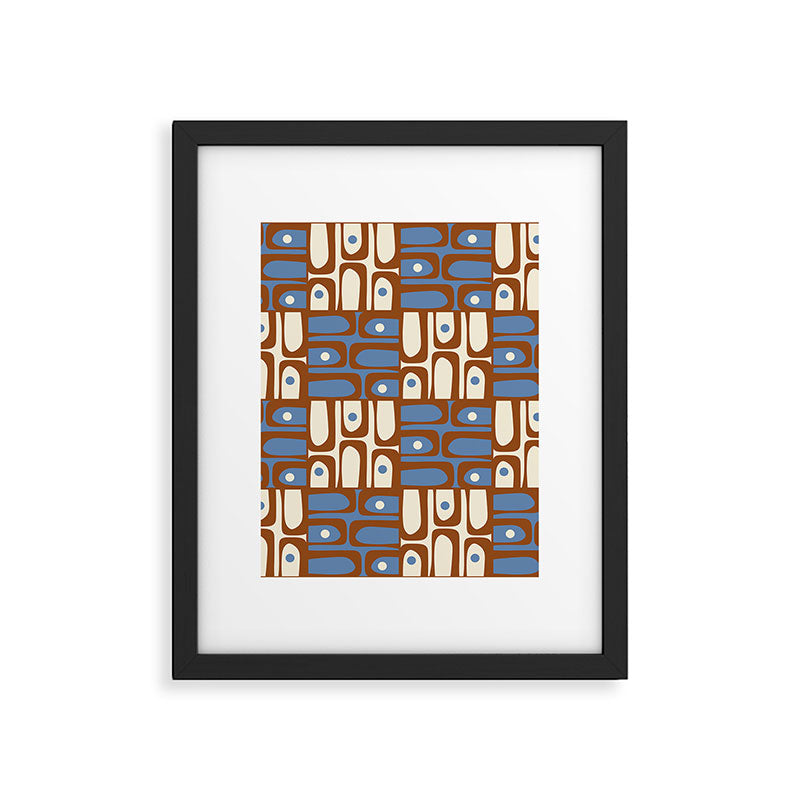 Mid Century Modern Piquet Abstract Multi Retro Brown and Blue Pattern Framed Art Print Gallery Image 6