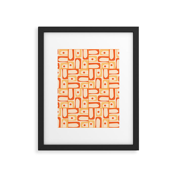 Mid Century Modern Piquet Abstract Multi Tiled Geometric Pattern Orange Tangerine Framed Art Print Gallery Image 1