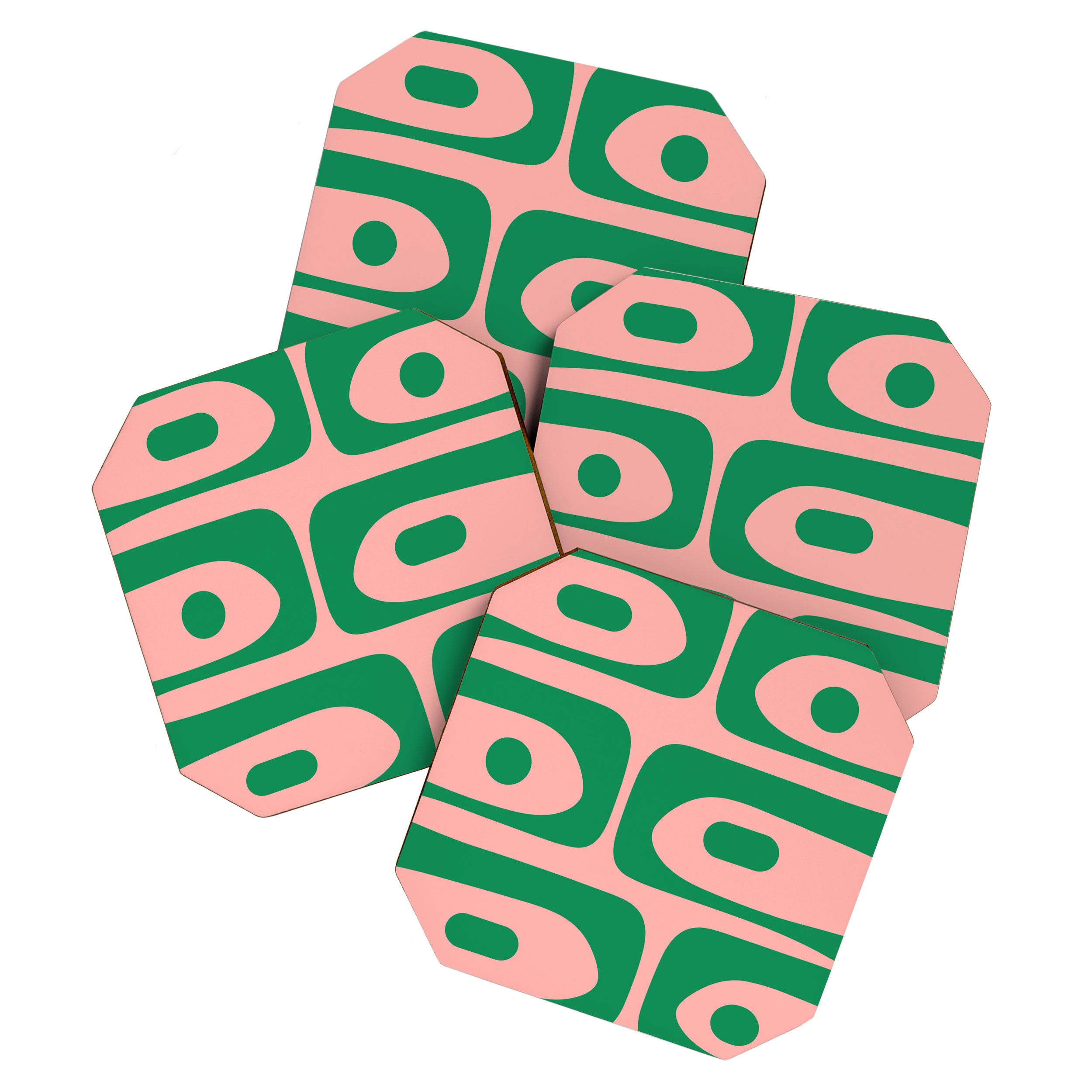 Mid Century Modern Piquet Abstract Pattern in Blush Pink and Green Coaster Gallery Image 1
