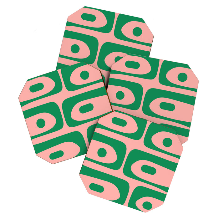 Mid Century Modern Piquet Abstract Pattern in Blush Pink and Green Coaster Gallery Image 1