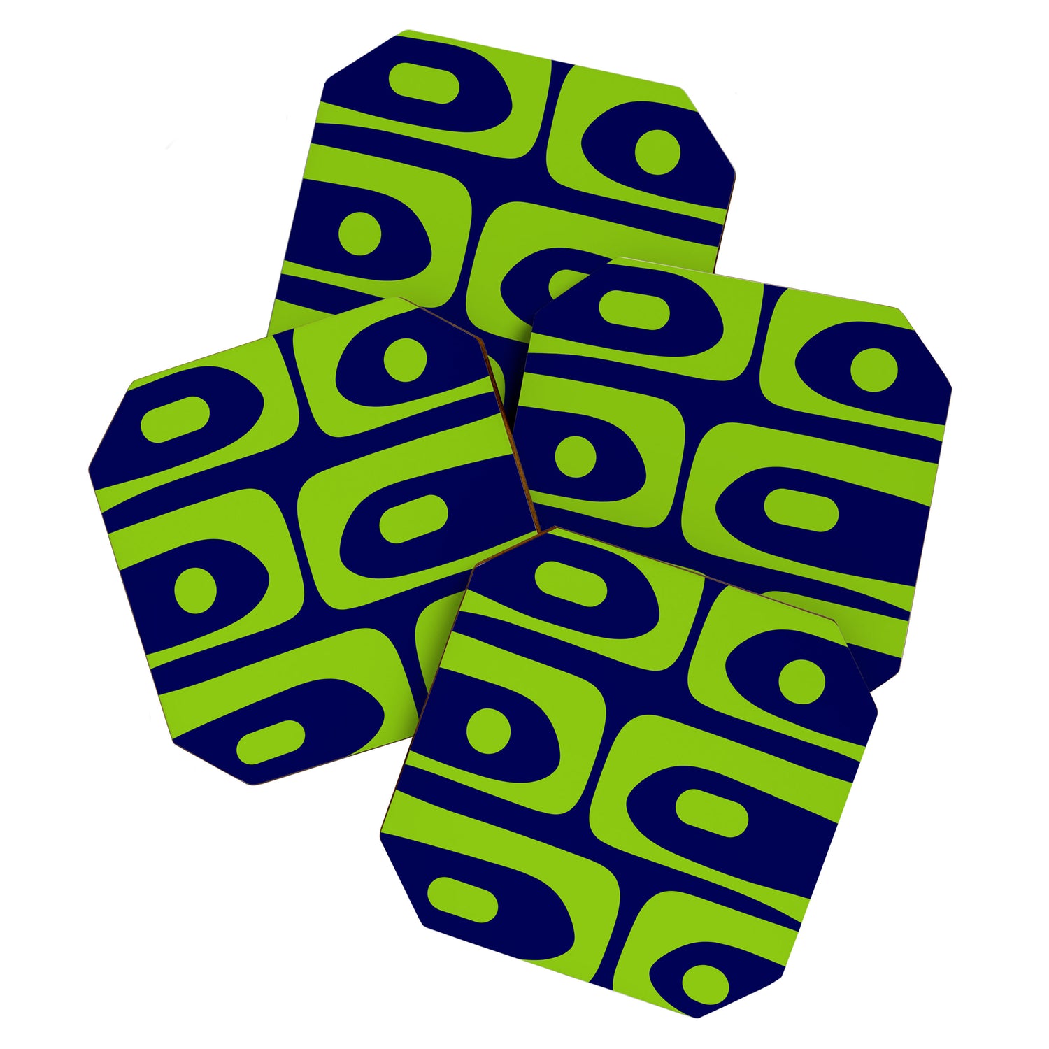 Mid Century Modern Piquet Abstract Pattern in Lime Green and Bright Navy Blue Coaster Gallery Image 1