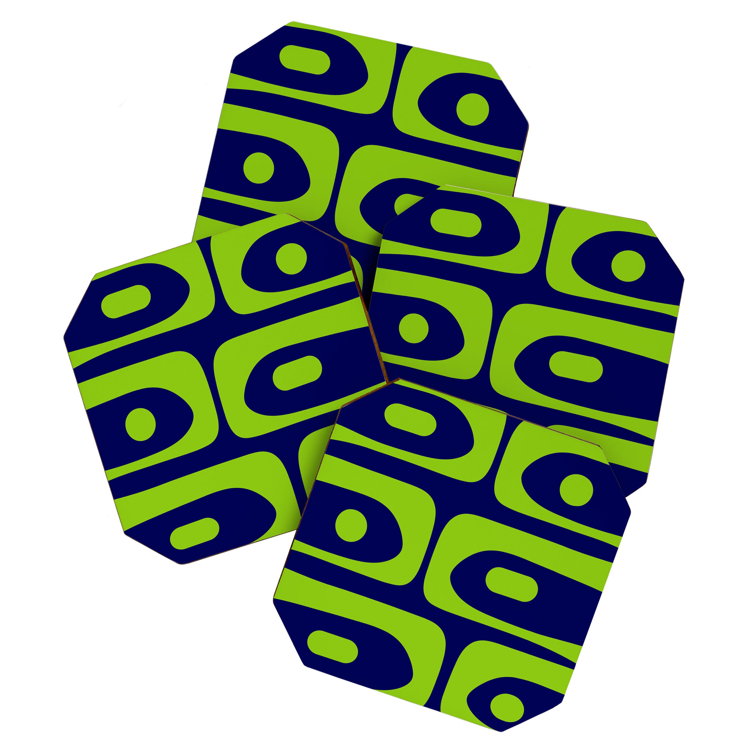 Mid Century Modern Piquet Abstract Pattern in Lime Green and Bright Navy Blue Coaster Gallery Image 1