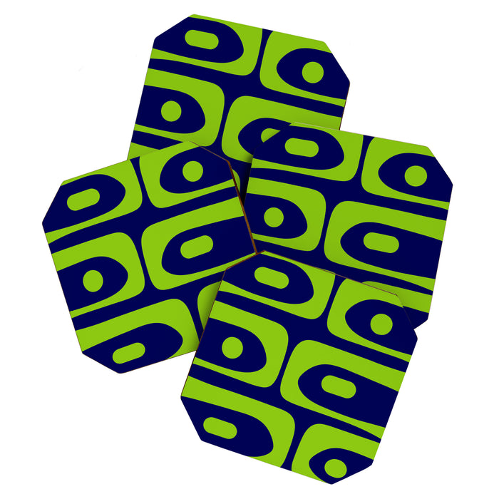 Mid Century Modern Piquet Abstract Pattern in Lime Green and Bright Navy Blue Coaster Gallery Image 1