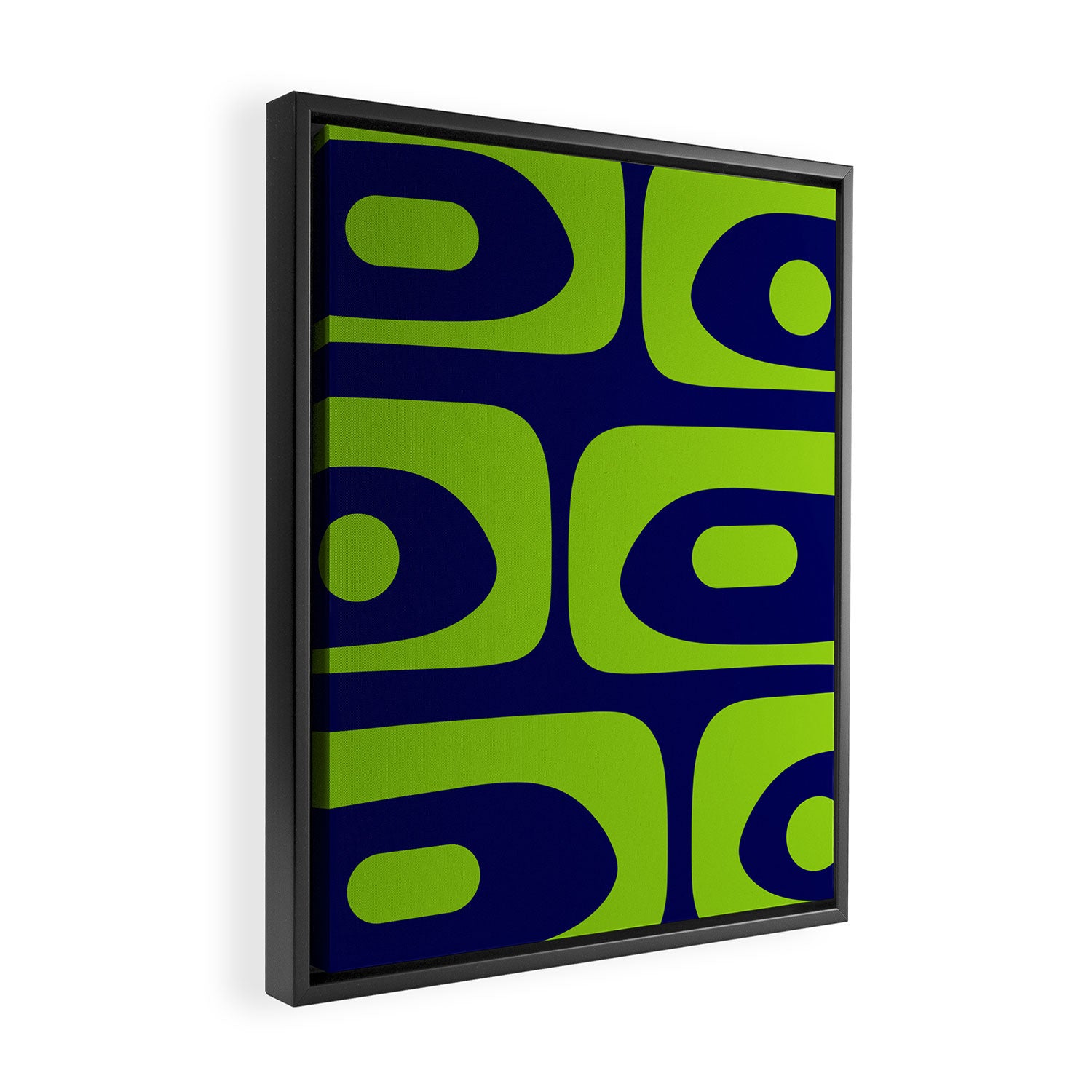 Mid Century Modern Piquet Abstract Pattern in Lime Green and Bright Navy Blue Framed Canvas Print Gallery Image 2
