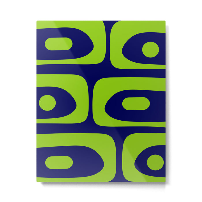 Mid Century Modern Piquet Abstract Pattern in Lime Green and Bright Navy Blue Metal Print Gallery Image 1