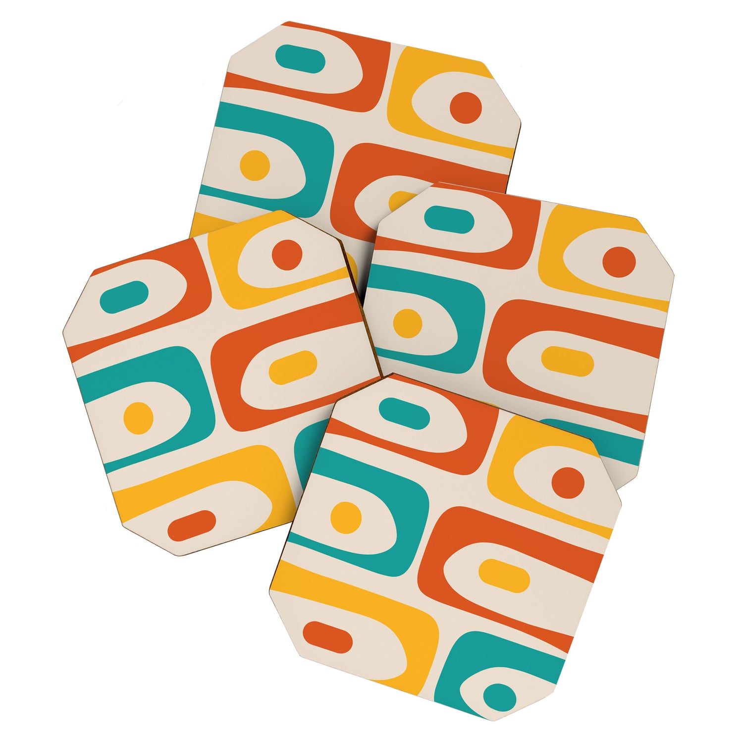 Mid Century Modern Piquet Abstract Pattern in Orange, Mustard Yellow, Turquoise Teal, and Cream Coaster Gallery Image 1