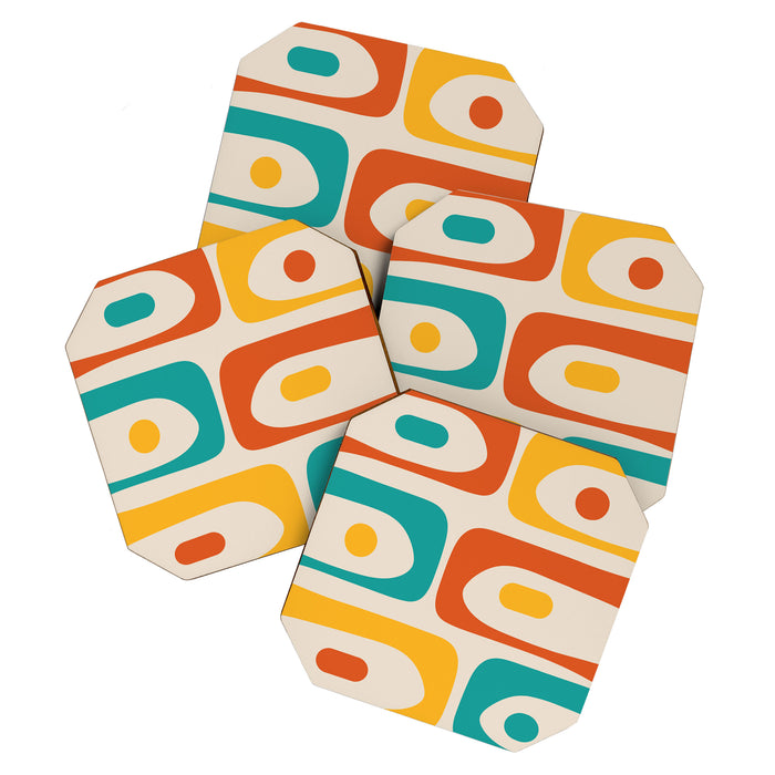 Mid Century Modern Piquet Abstract Pattern in Orange, Mustard Yellow, Turquoise Teal, and Cream Coaster Gallery Image 1