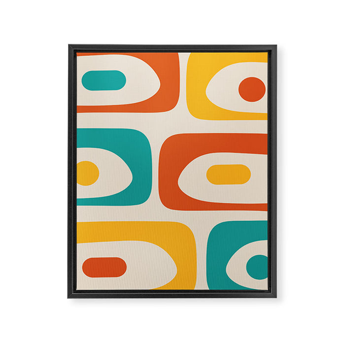 Mid Century Modern Piquet Abstract Pattern in Orange, Mustard Yellow, Turquoise Teal, and Cream Framed Canvas Print Gallery Image 1
