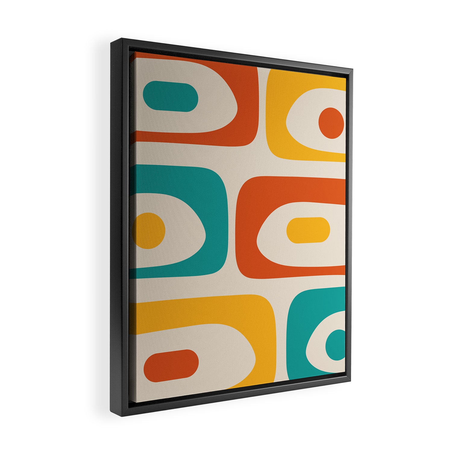Mid Century Modern Piquet Abstract Pattern in Orange, Mustard Yellow, Turquoise Teal, and Cream Framed Canvas Print Gallery Image 2