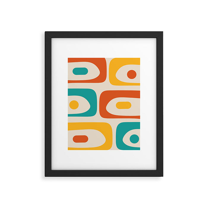 Mid Century Modern Piquet Abstract Pattern in Orange, Mustard Yellow, Turquoise Teal, and Cream Framed Art Print Gallery Image 1