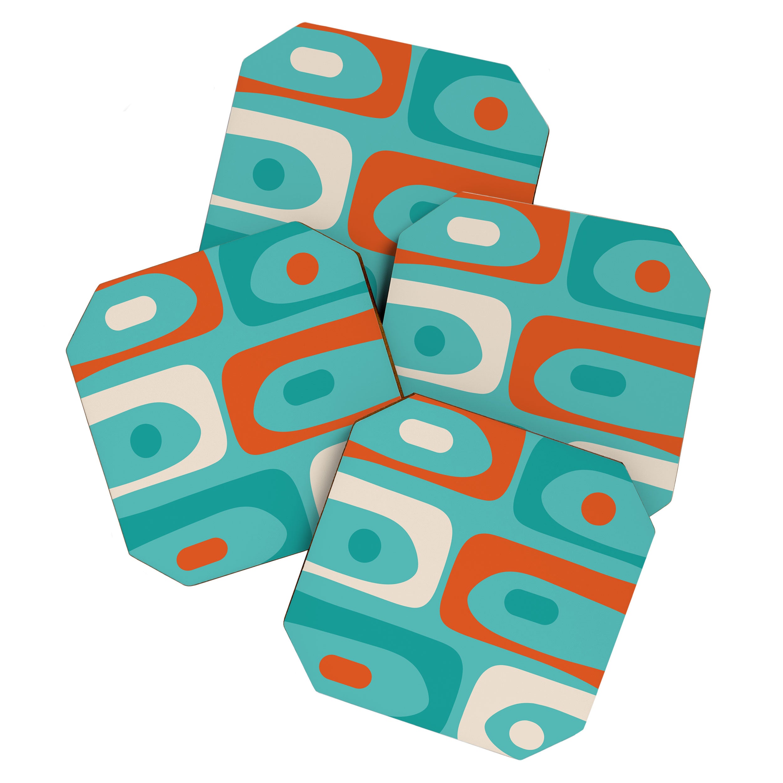 Mid Century Modern Piquet Abstract Pattern Teal Orange Cream Coaster Gallery Image 1