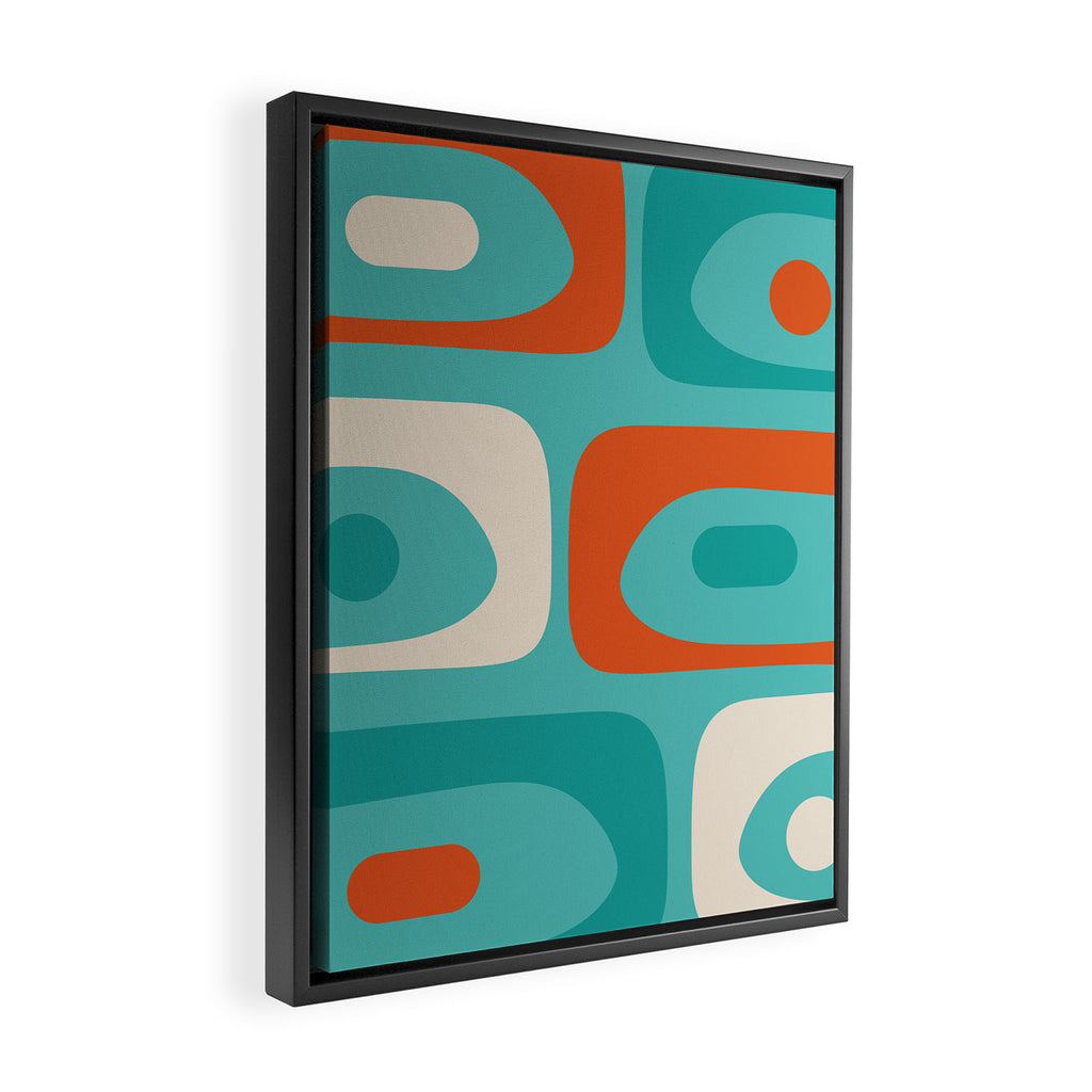 Mid Century Modern Piquet Abstract Pattern Teal Orange Cream Framed Canvas Print Gallery Image 2
