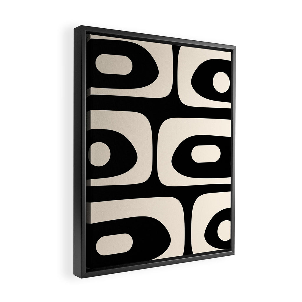 Mid Century Modern Piquet Abstract Pattern in Black and Almond Cream Framed Canvas Print Gallery Image 2