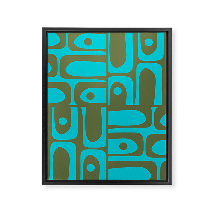 Mid Century Modern Piquet Geometric Mod Olive Green and Turquoise Multi Pattern Framed Canvas Print Gallery Image 1