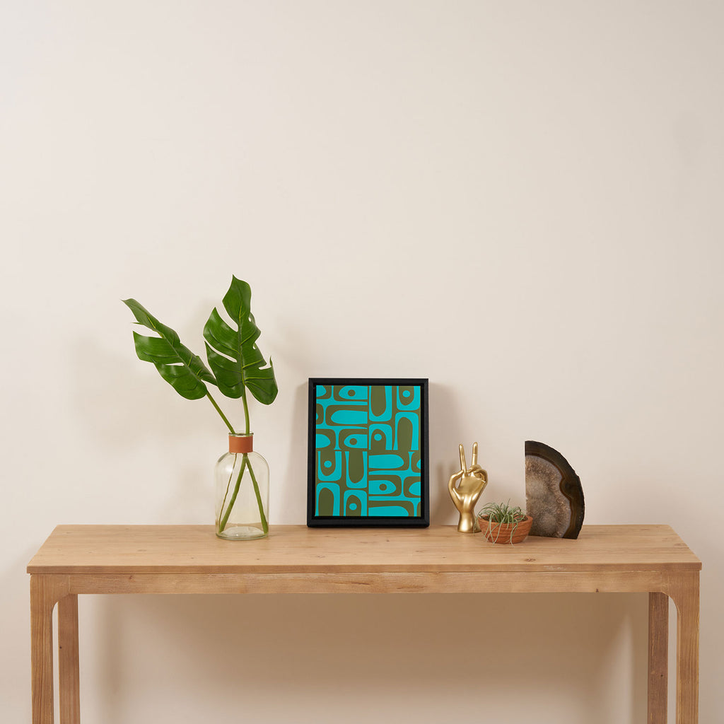 Mid Century Modern Piquet Geometric Mod Olive Green and Turquoise Multi Pattern Framed Canvas Print Gallery Image 4
