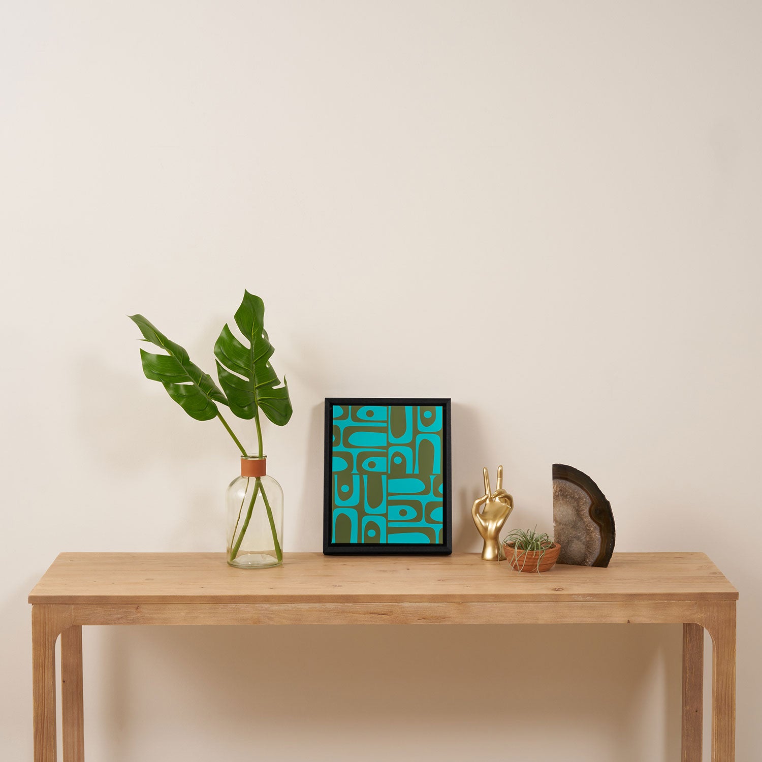 Mid Century Modern Piquet Geometric Mod Olive Green and Turquoise Multi Pattern Framed Canvas Print Gallery Image 4