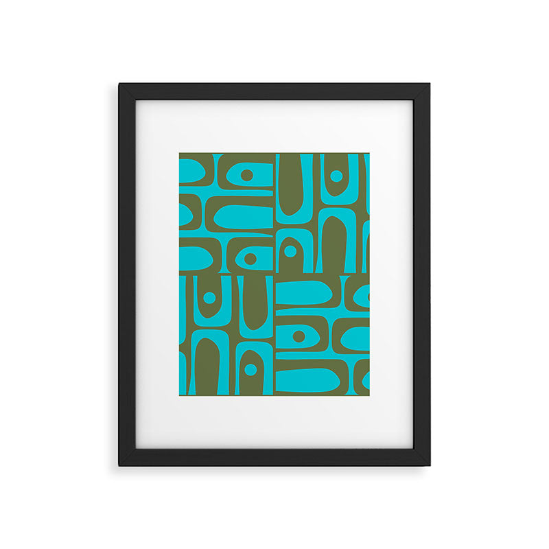 Mid Century Modern Piquet Geometric Mod Olive Green and Turquoise Multi Pattern Framed Art Print Gallery Image 6