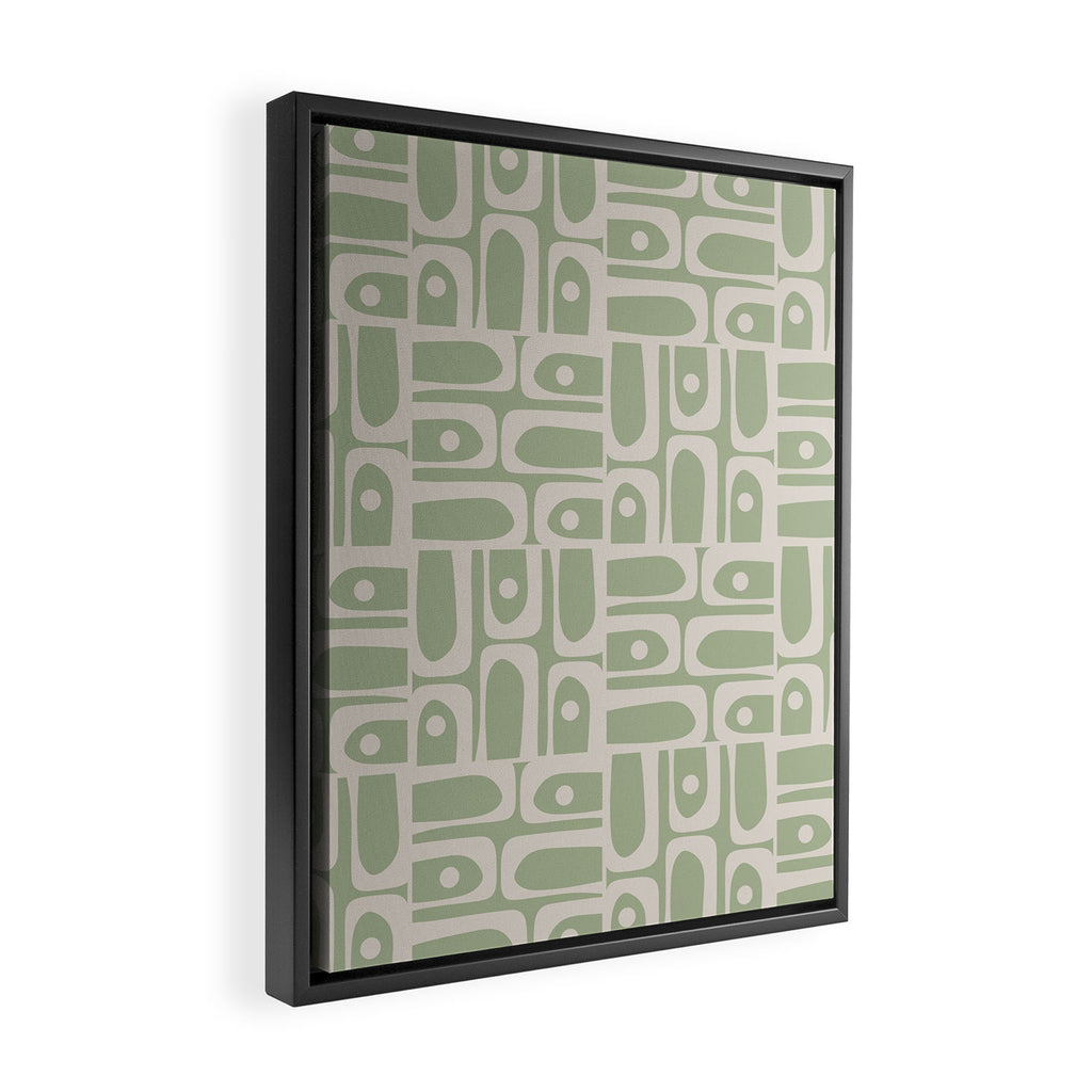 Mid Century Modern Piquet Geometric Multi Abstract Minimalist Pattern in Sage Green and Beige Framed Canvas Print Gallery Image 2
