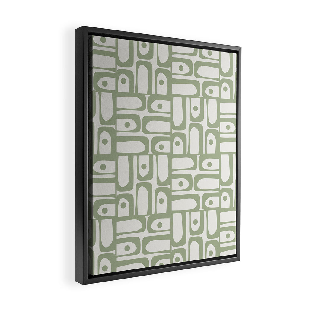 Mid Century Modern Piquet Geometric Multi Abstract Minimalist Pattern in Sage Green and Off White Framed Canvas Print Gallery Image 2