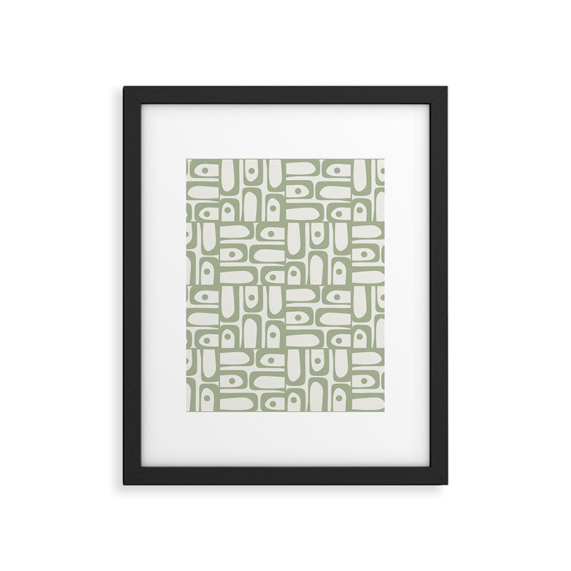 Mid Century Modern Piquet Geometric Multi Abstract Minimalist Pattern in Sage Green and Off White Framed Art Print Gallery Image 6