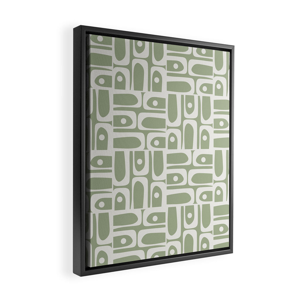 Mid Century Modern Piquet Geometric Multi Abstract Pattern in Sage Green and Off White Framed Canvas Print Gallery Image 2