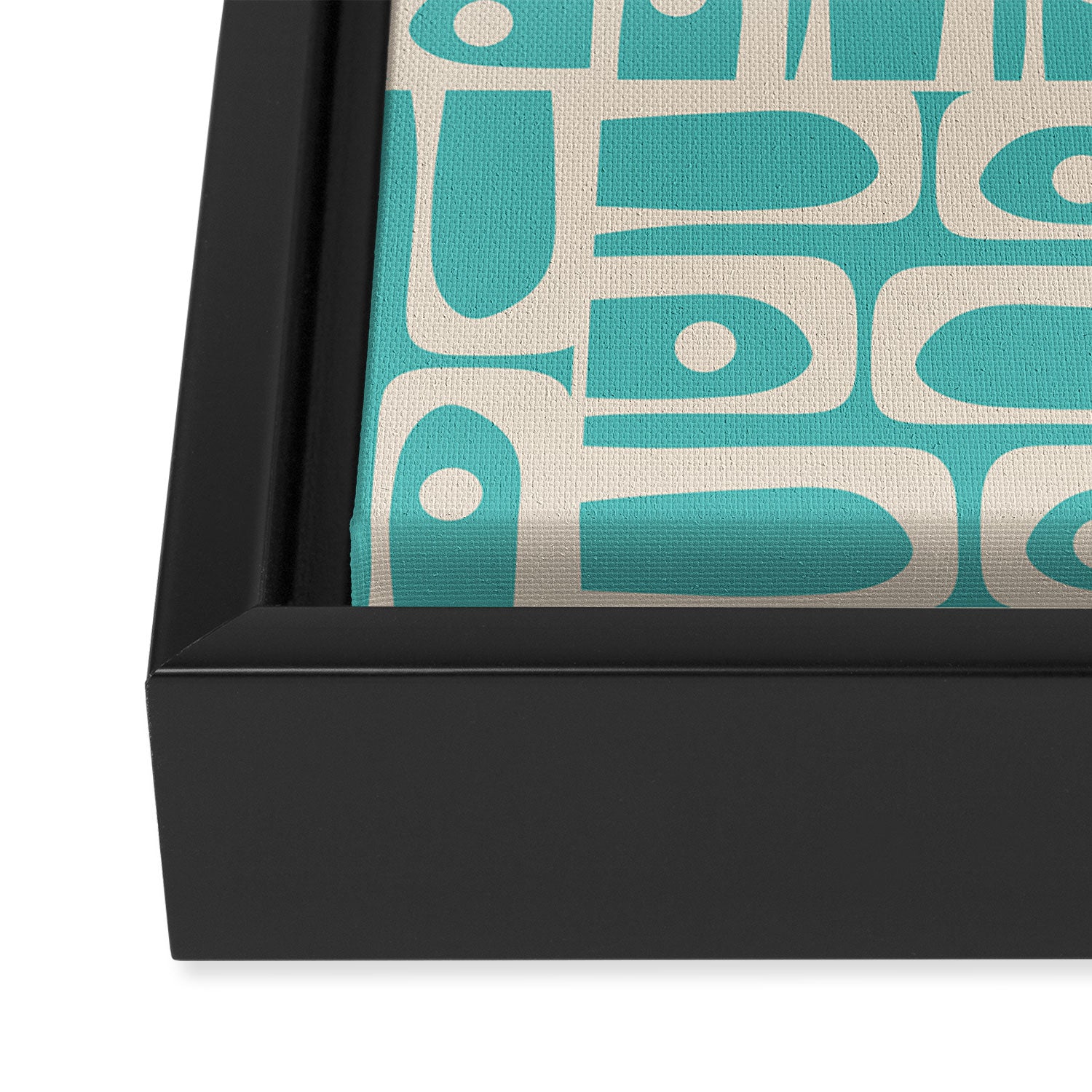 Mid Century Modern Piquet Geometric Multi Pattern in Aqua Turquoise Teal and Cream Beige Framed Canvas Print Gallery Image 3