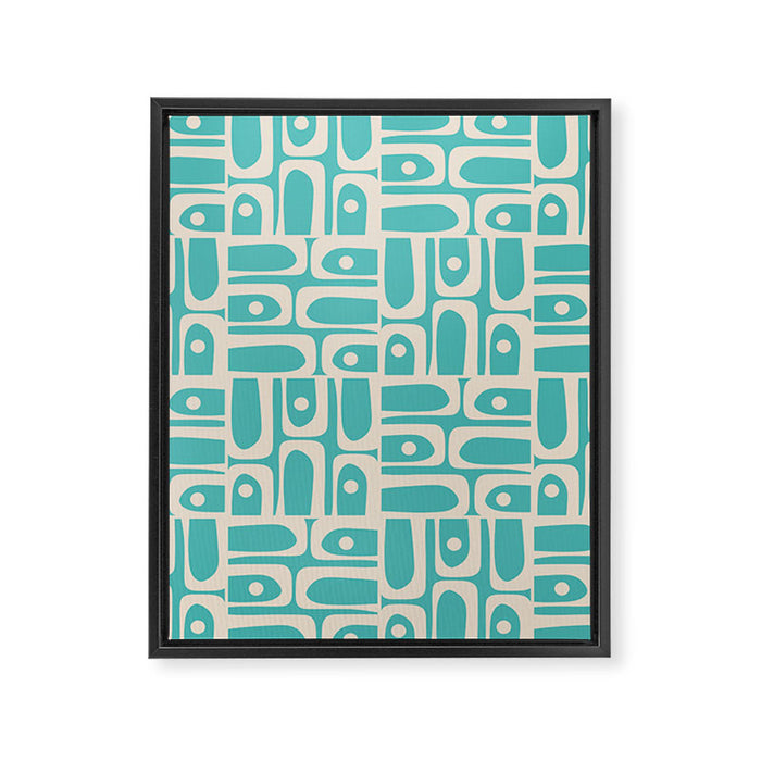 Mid Century Modern Piquet Geometric Multi Pattern in Aqua Turquoise Teal and Cream Beige Framed Canvas Print Gallery Image 1