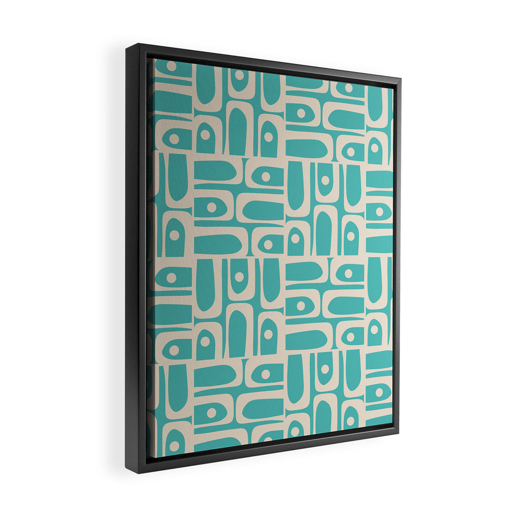 Mid Century Modern Piquet Geometric Multi Pattern in Aqua Turquoise Teal and Cream Beige Framed Canvas Print Gallery Image 2