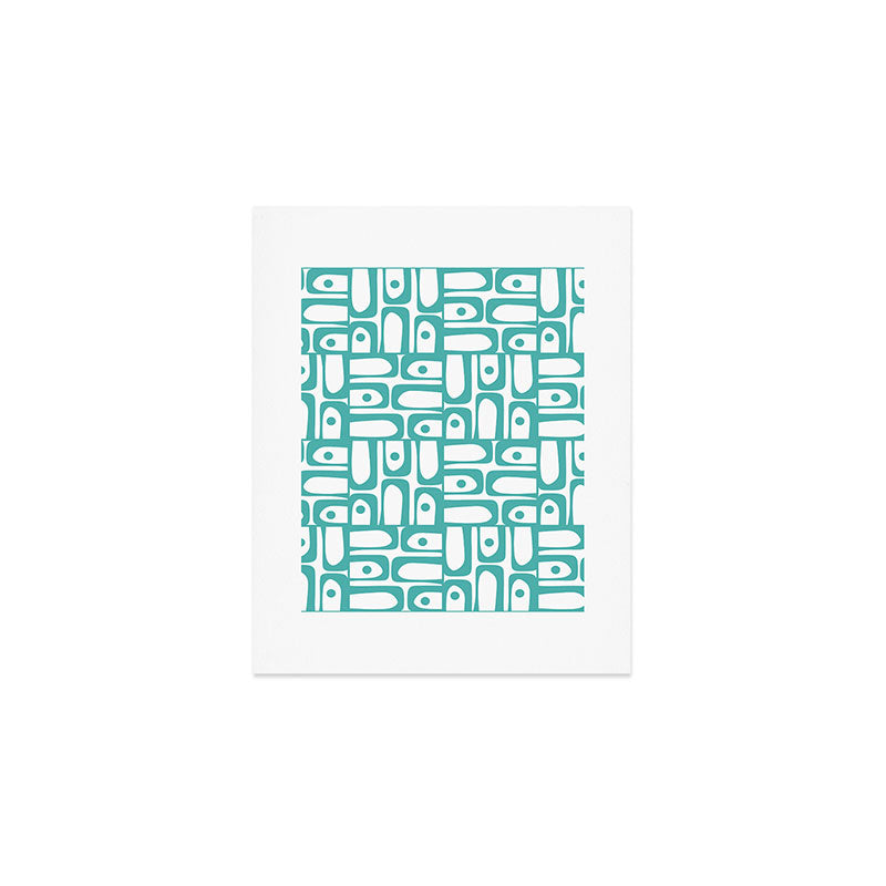 Mid Century Modern Piquet Geometric Multi Pattern in Turquoise and White Art Print Gallery Image 1