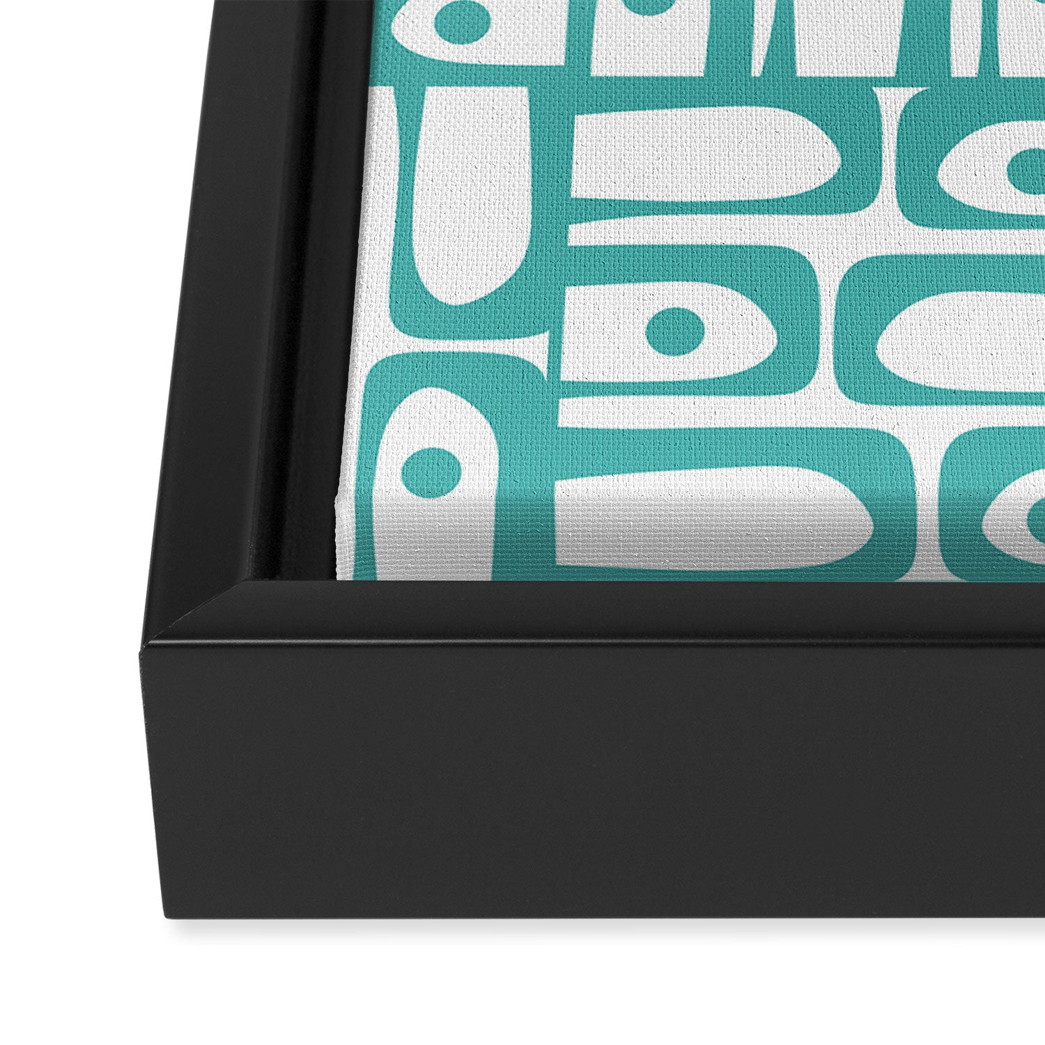 Mid Century Modern Piquet Geometric Multi Pattern in Turquoise and White Framed Canvas Print Gallery Image 3
