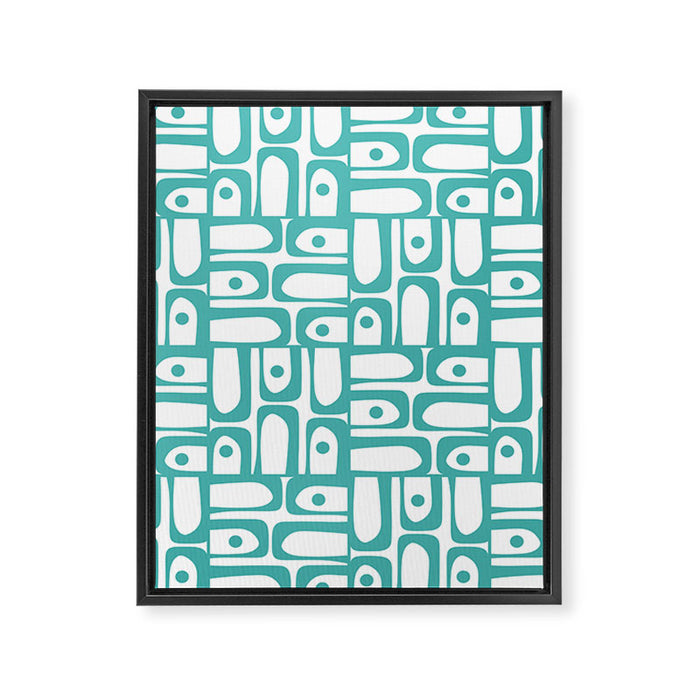 Mid Century Modern Piquet Geometric Multi Pattern in Turquoise and White Framed Canvas Print Gallery Image 1