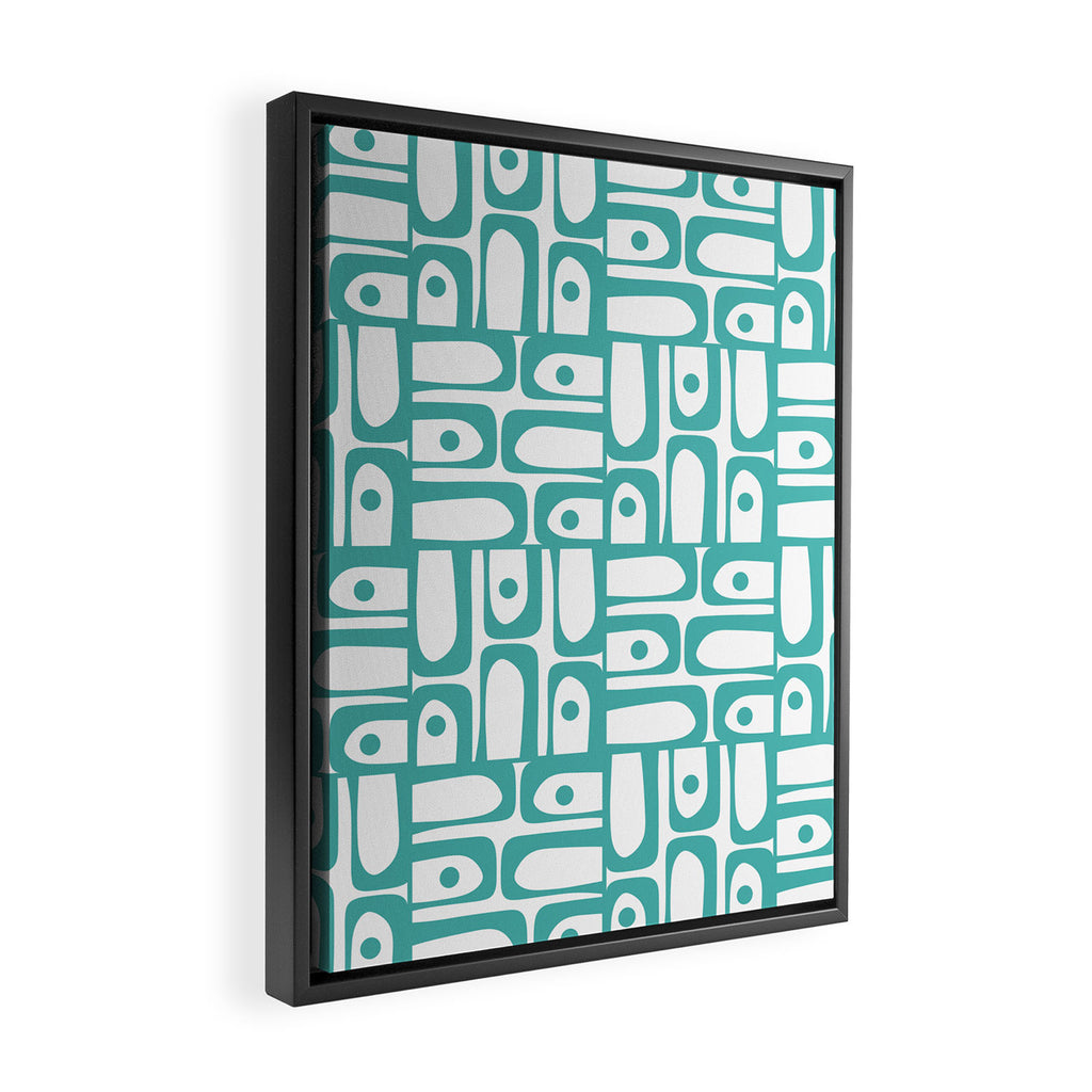 Mid Century Modern Piquet Geometric Multi Pattern in Turquoise and White Framed Canvas Print Gallery Image 2