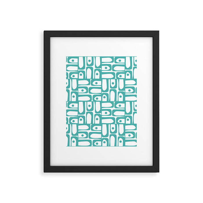 Mid Century Modern Piquet Geometric Multi Pattern in Turquoise and White Framed Art Print Gallery Image 1