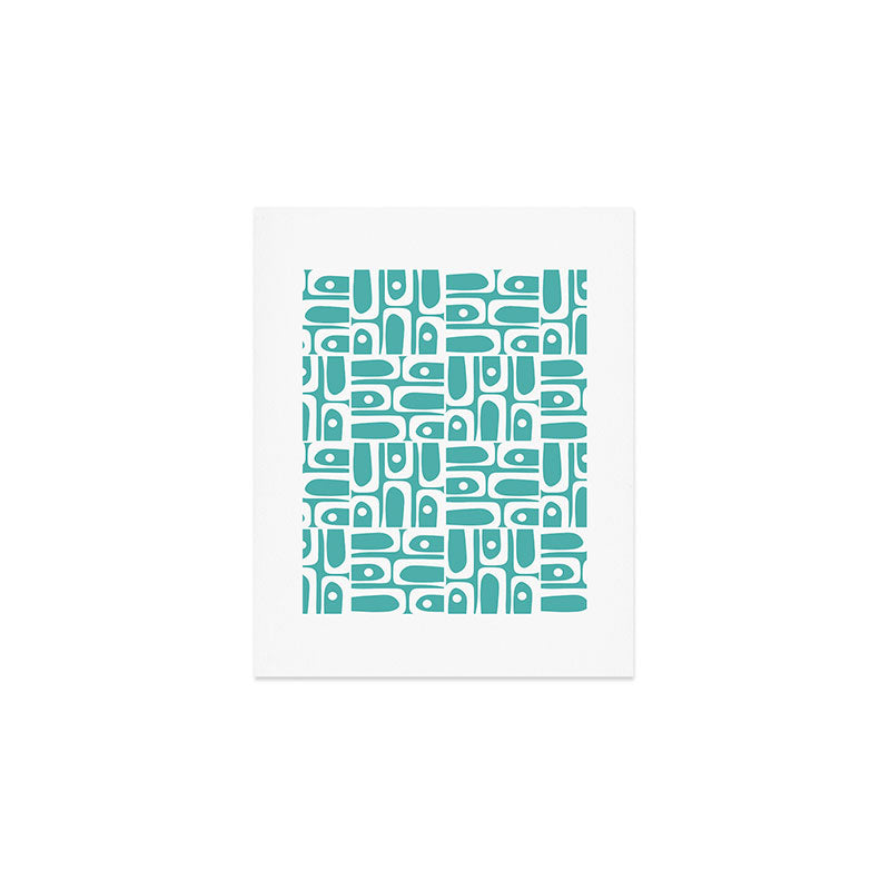 Mid Century Modern Piquet Geometric Multi Pattern Turquoise and White Art Print Gallery Image 1