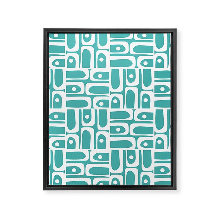 Mid Century Modern Piquet Geometric Multi Pattern Turquoise and White Framed Canvas Print Gallery Image 1