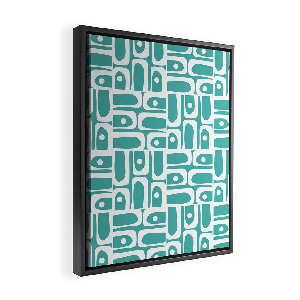Mid Century Modern Piquet Geometric Multi Pattern Turquoise and White Framed Canvas Print Gallery Image 2
