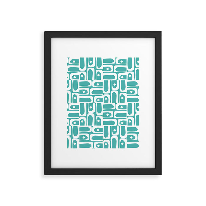 Mid Century Modern Piquet Geometric Multi Pattern Turquoise and White Framed Art Print Gallery Image 1