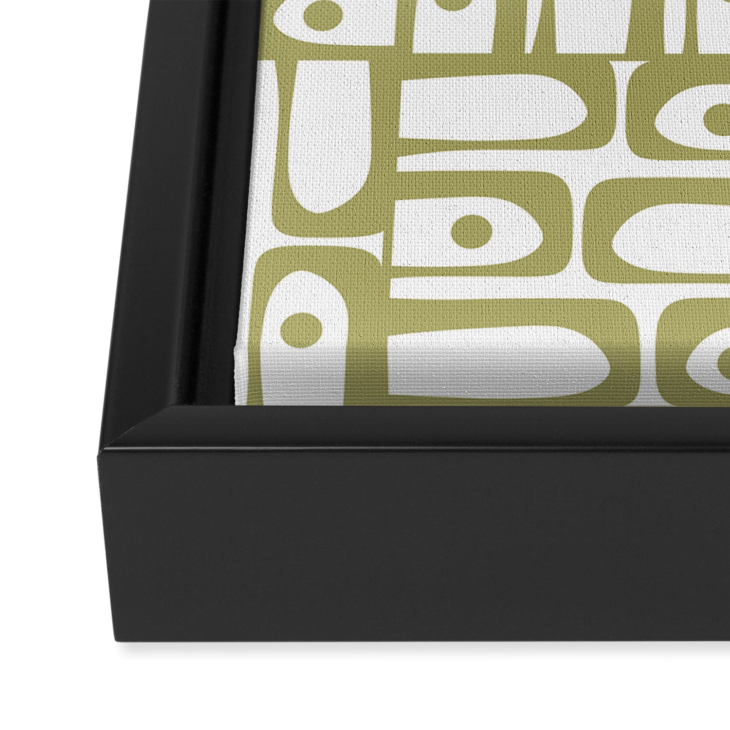 Mid Century Modern Piquet Geometric Pattern in Split Pea Green and White Framed Canvas Print Gallery Image 3