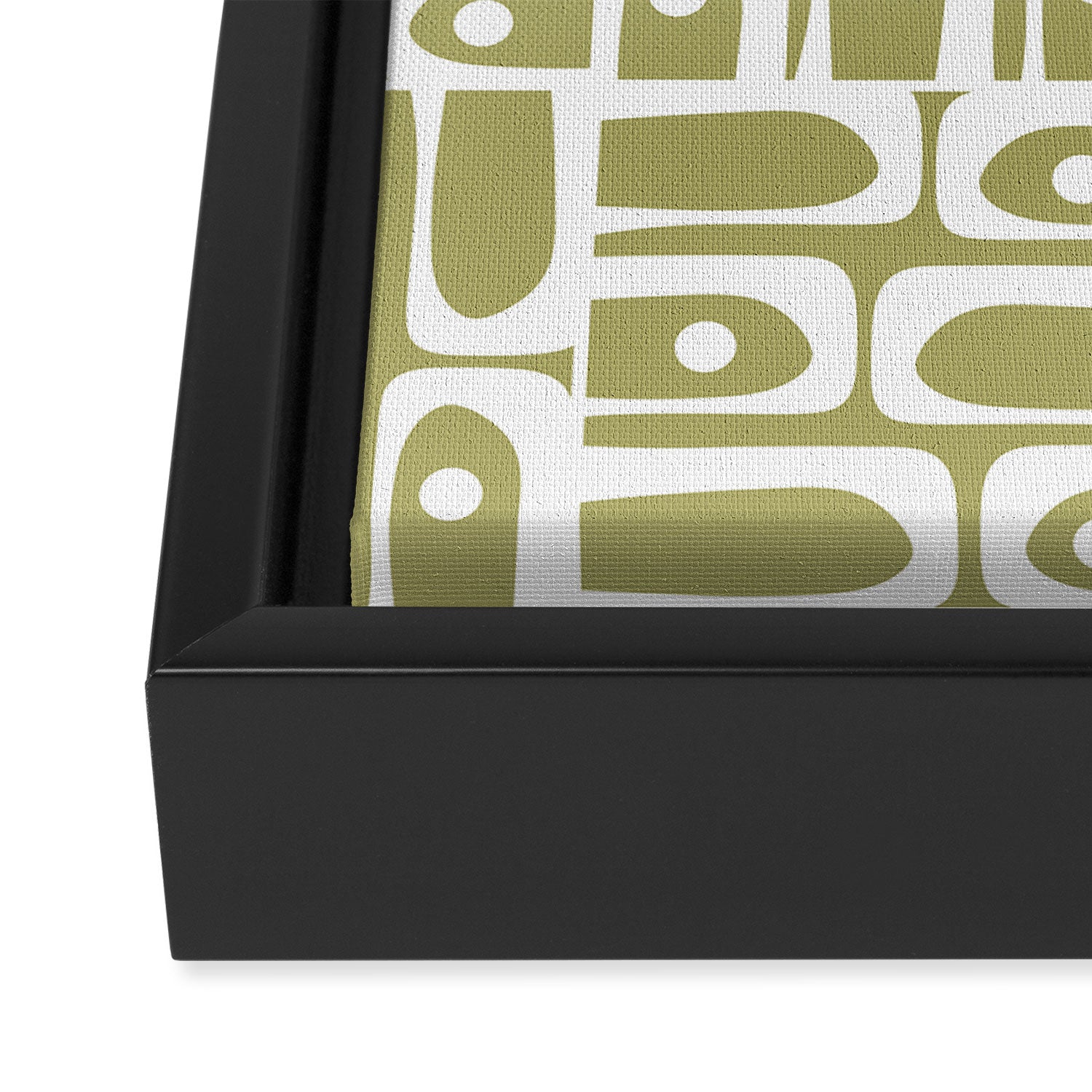 Mid Century Modern Piquet Geometric Split Pea Green and White Pattern Framed Canvas Print Gallery Image 3