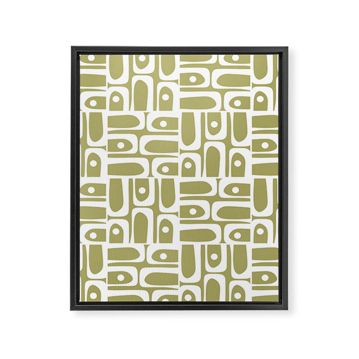 Mid Century Modern Piquet Geometric Split Pea Green and White Pattern Framed Canvas Print Gallery Image 1