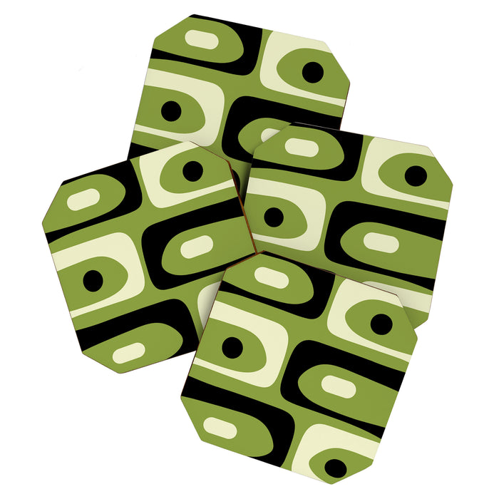 Mid Century Modern Piquet Minimalist Abstract Pattern in Olive Green and Black Coaster Gallery Image 1