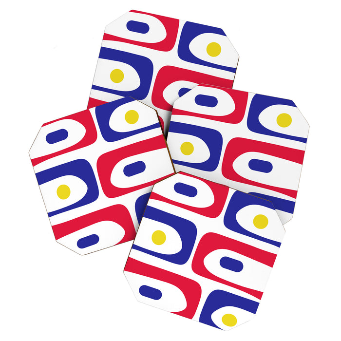 Mid Century Modern Piquet Minimalist Abstract Pattern in Red, Navy Blue, Yellow, and White Coaster Gallery Image 1