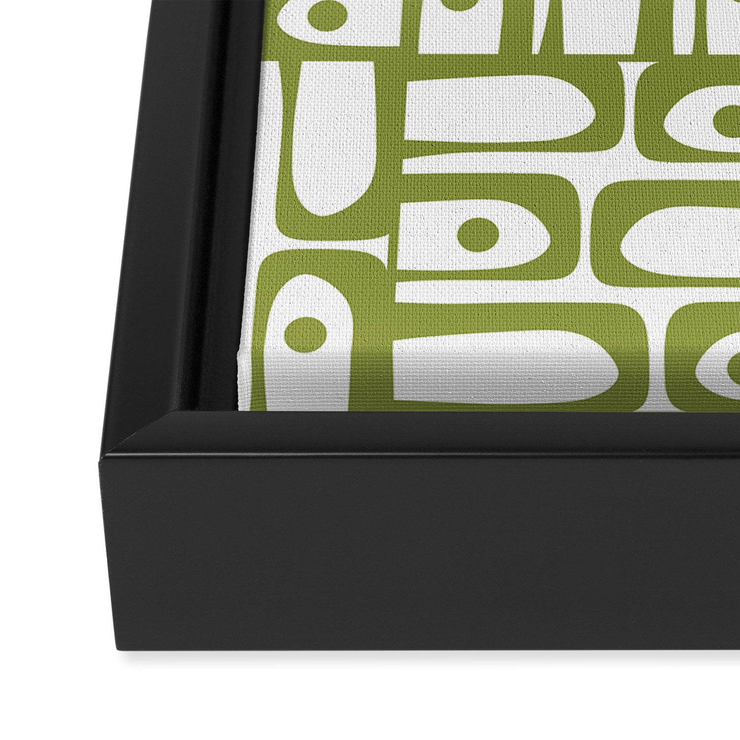 Mid Century Modern Piquet Multi Abstract Geometric Pattern in Mid Mod Martini Olive Green and White Framed Canvas Print Gallery Image 3