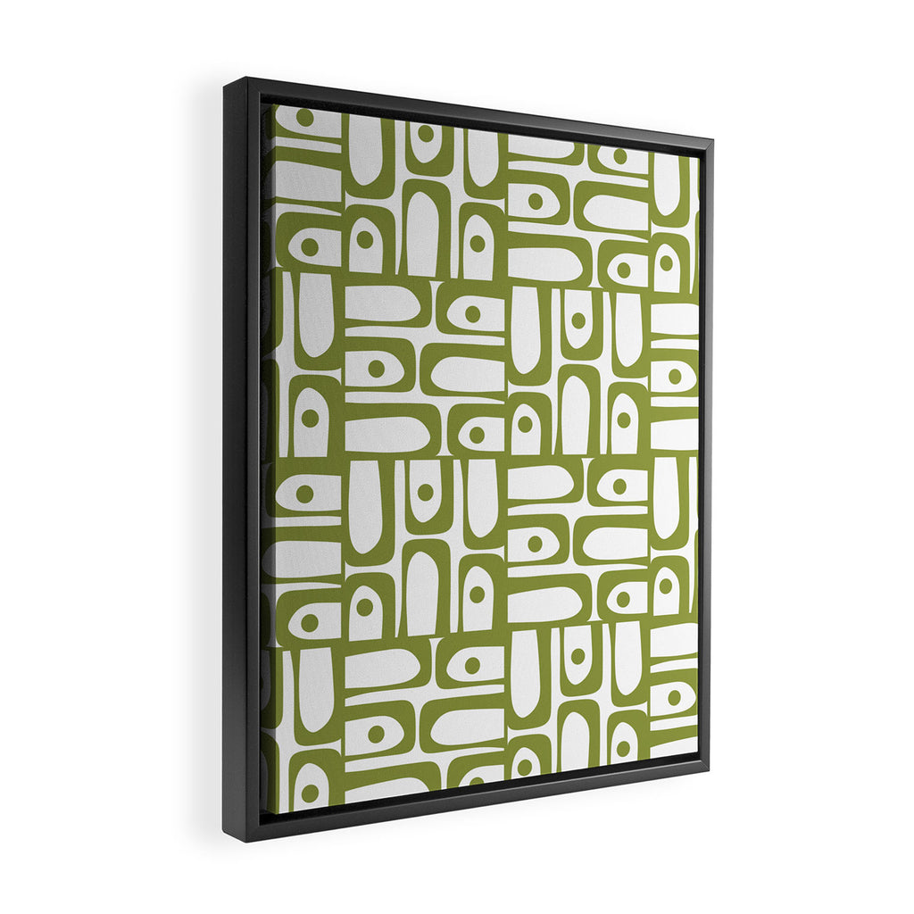 Mid Century Modern Piquet Multi Abstract Geometric Pattern in Mid Mod Martini Olive Green and White Framed Canvas Print Gallery Image 2