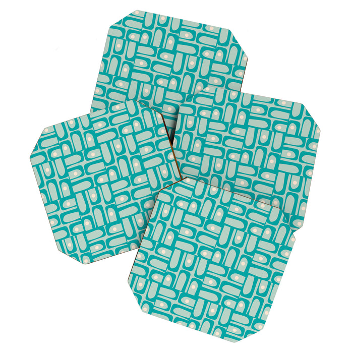 Mid Century Modern Piquet Multi Abstract Geometric Pattern in Teal Aqua Coaster Gallery Image 1
