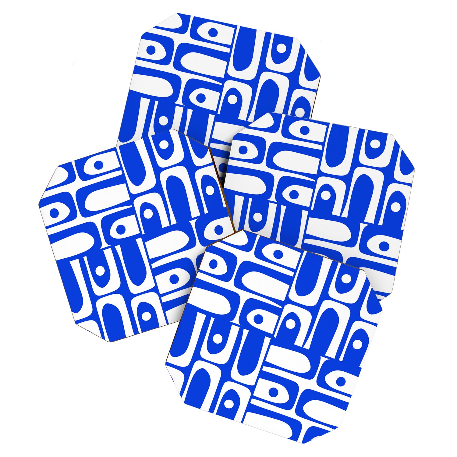 Mid Century Modern Piquet Multi Abstract Geometric Pattern Royal Blue and White Coaster Gallery Image 1