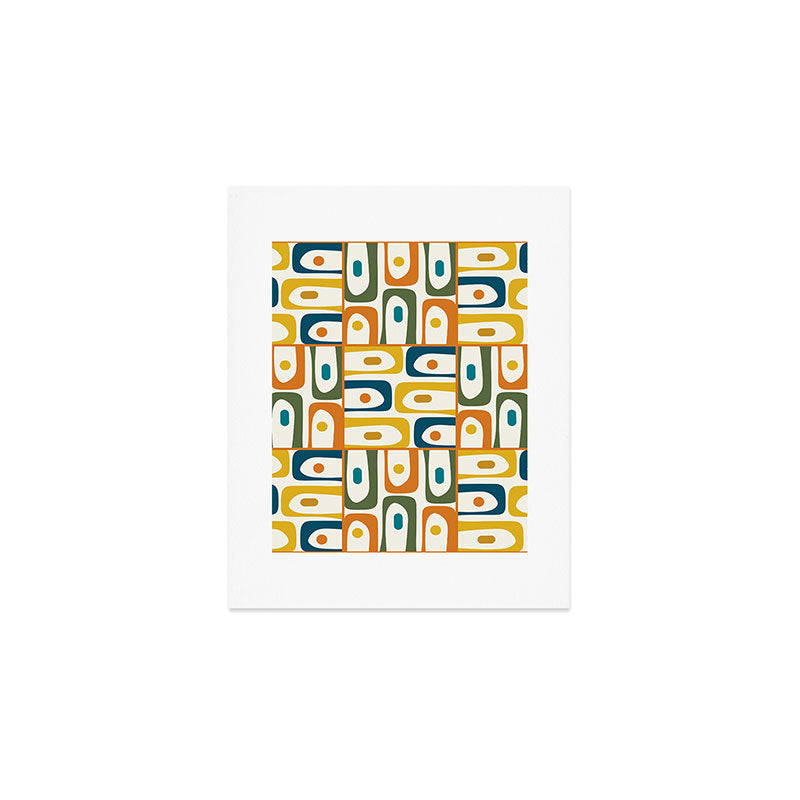 Mid Century Modern Piquet Multi Abstract Pattern in Moroccan Mustard Olive Blue Orange Cream Art Print Gallery Image 1