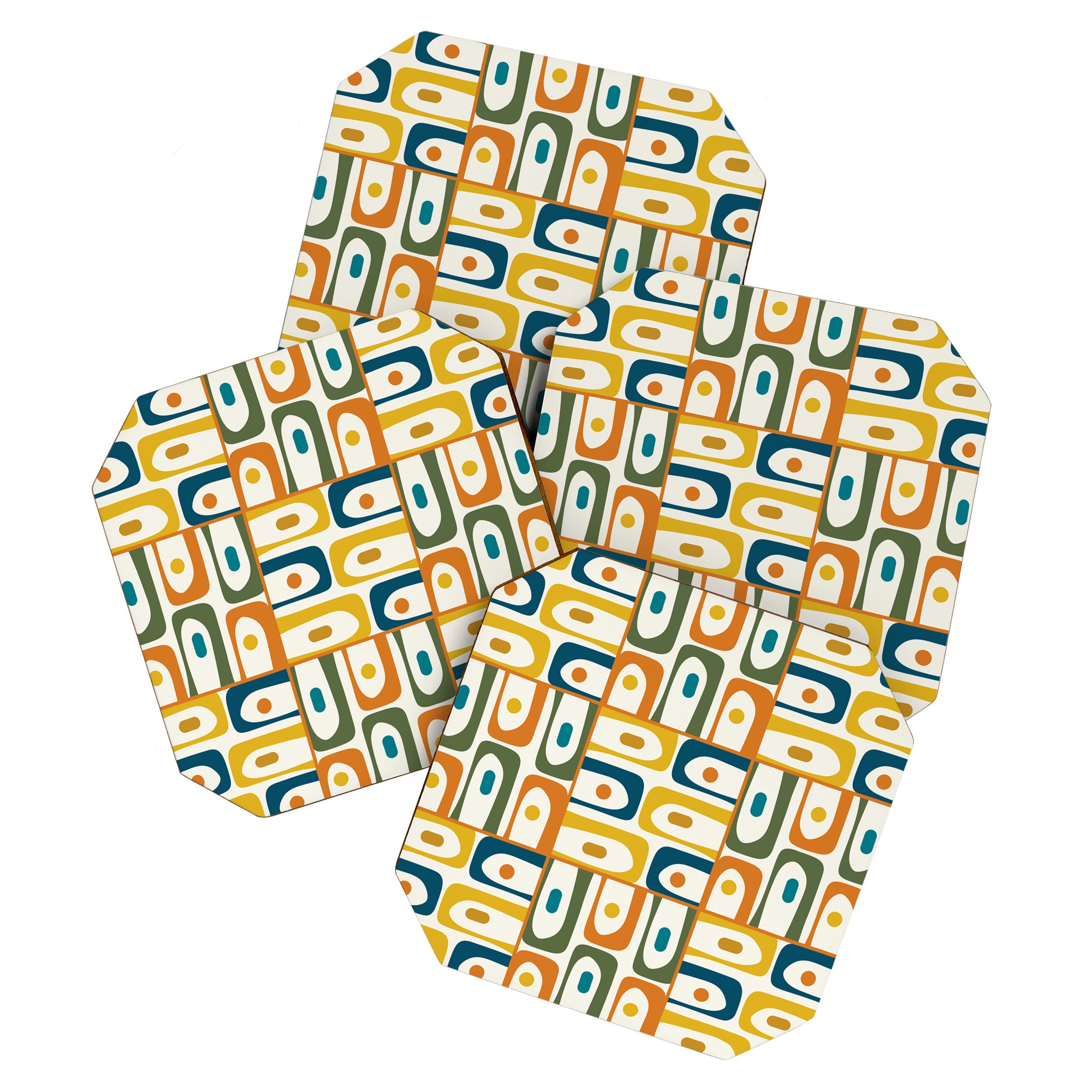 Mid Century Modern Piquet Multi Abstract Pattern in Moroccan Mustard Olive Blue Orange Cream Coaster Gallery Image 1