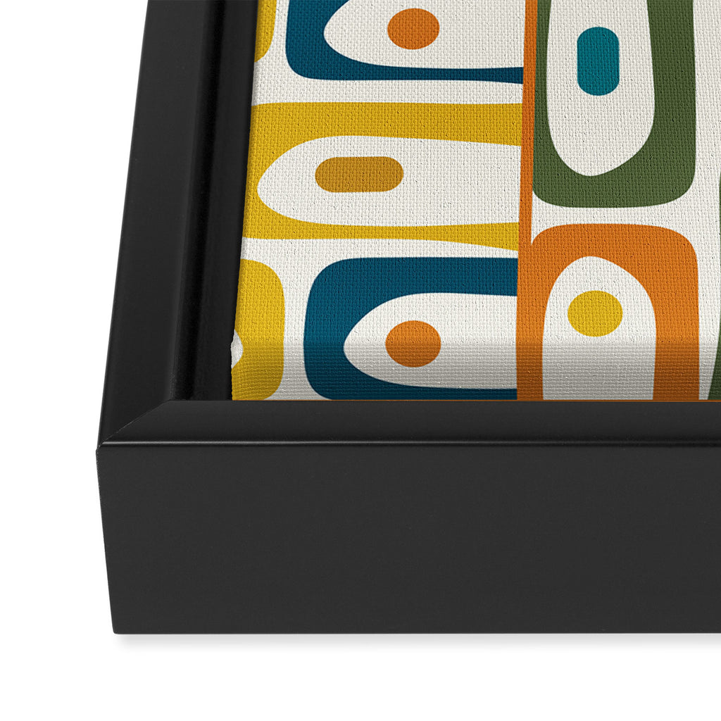 Mid Century Modern Piquet Multi Abstract Pattern in Moroccan Mustard Olive Blue Orange Cream Framed Canvas Print Gallery Image 3